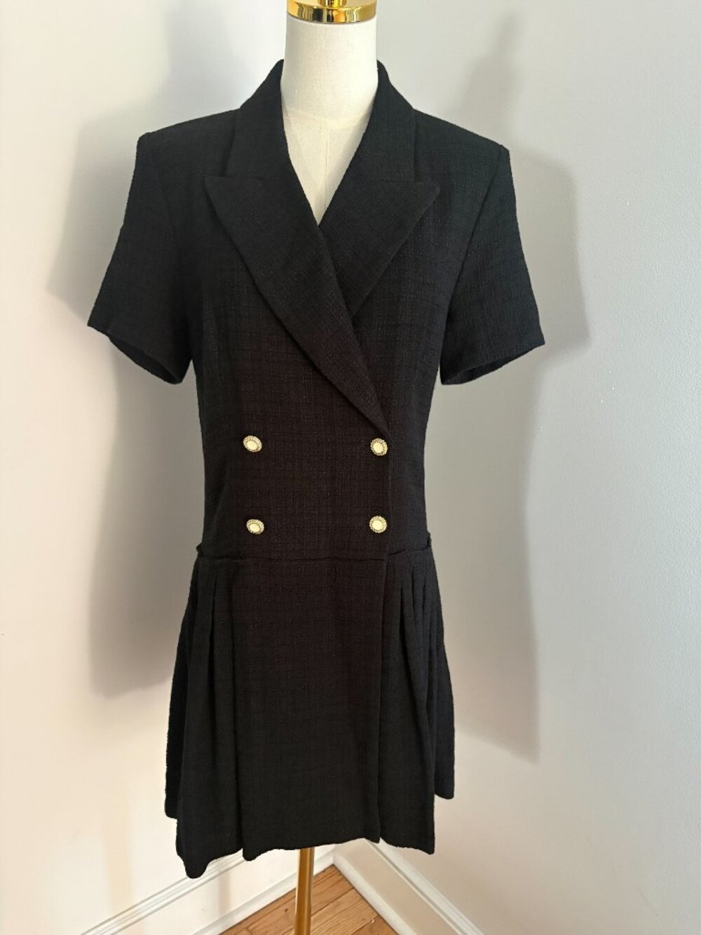 NWT Sandro Paris Black Textured Drop Waist Blazer Style A-Line Pleated Dress 10